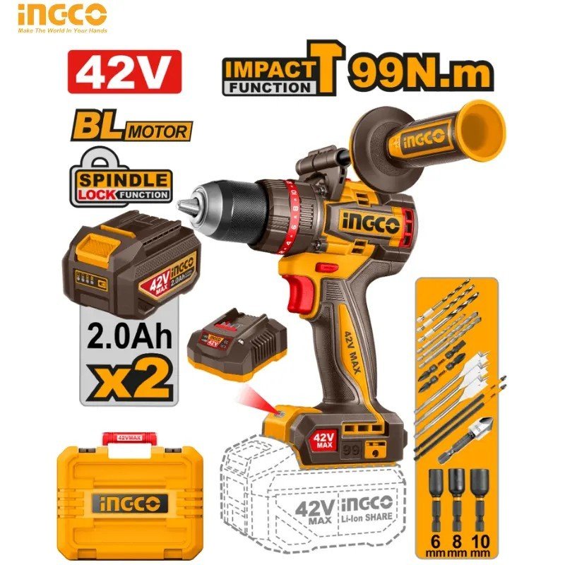 Perceuse à percussion sans fil 99N.m 42V avec 2 Batt et 1 Chargeur INGCO CIDLI429982