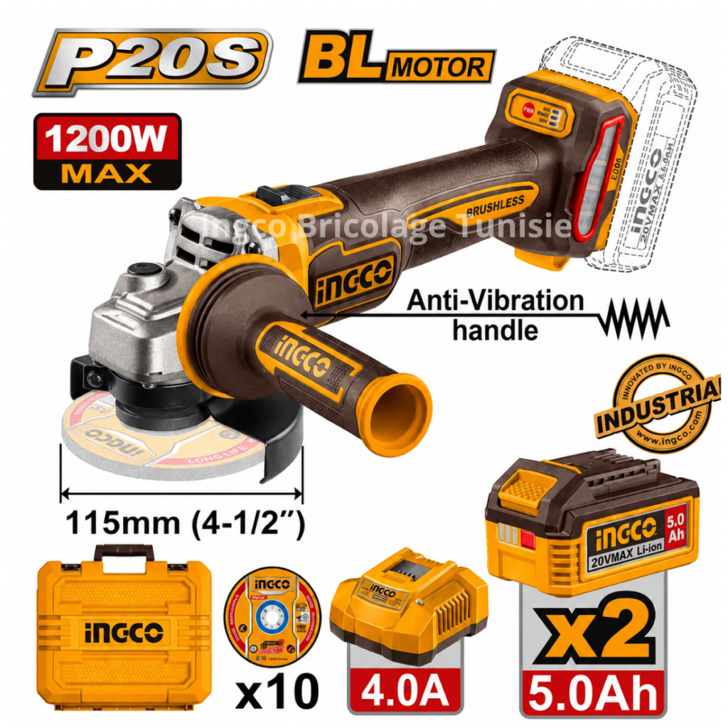 Meuleuse d'angle 20V max1200W 115mm INGCO CAGLI2120252