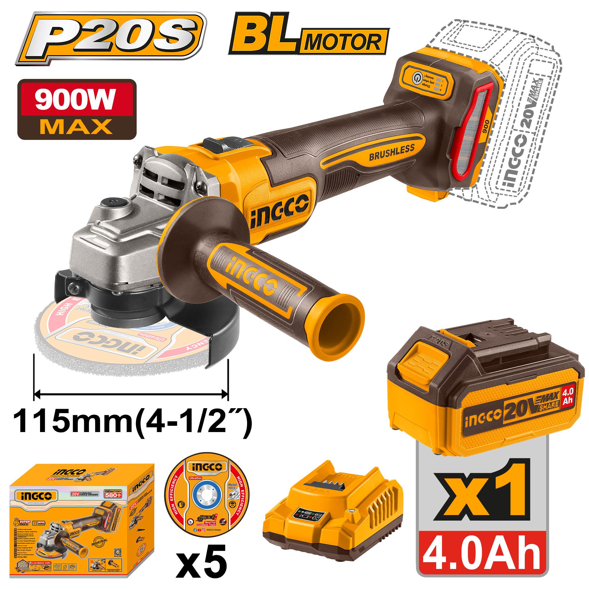 Meuleuse Brushless 115 mm 1000 W 20 V Sans Batterie Sans Chargeur - INGCO CAGLI27153