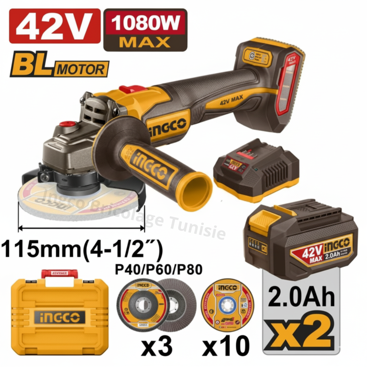 Meuleuse d'Angle sans fil 115mm 42V 1080W avec 2 Batt et 1 Chargeur INGCO CAGLI4108112