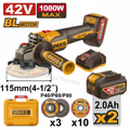 Meuleuse D'angle Sans Fil 115 mm 42 V 1080 W avec 2 Batt et 1 Chargeur - INGCO CAGLI4108112