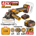 Meuleuse d'angle sans fil 115mm 42V 1280W avec 2 batteries et chargeur INGCO CAGLI4128112