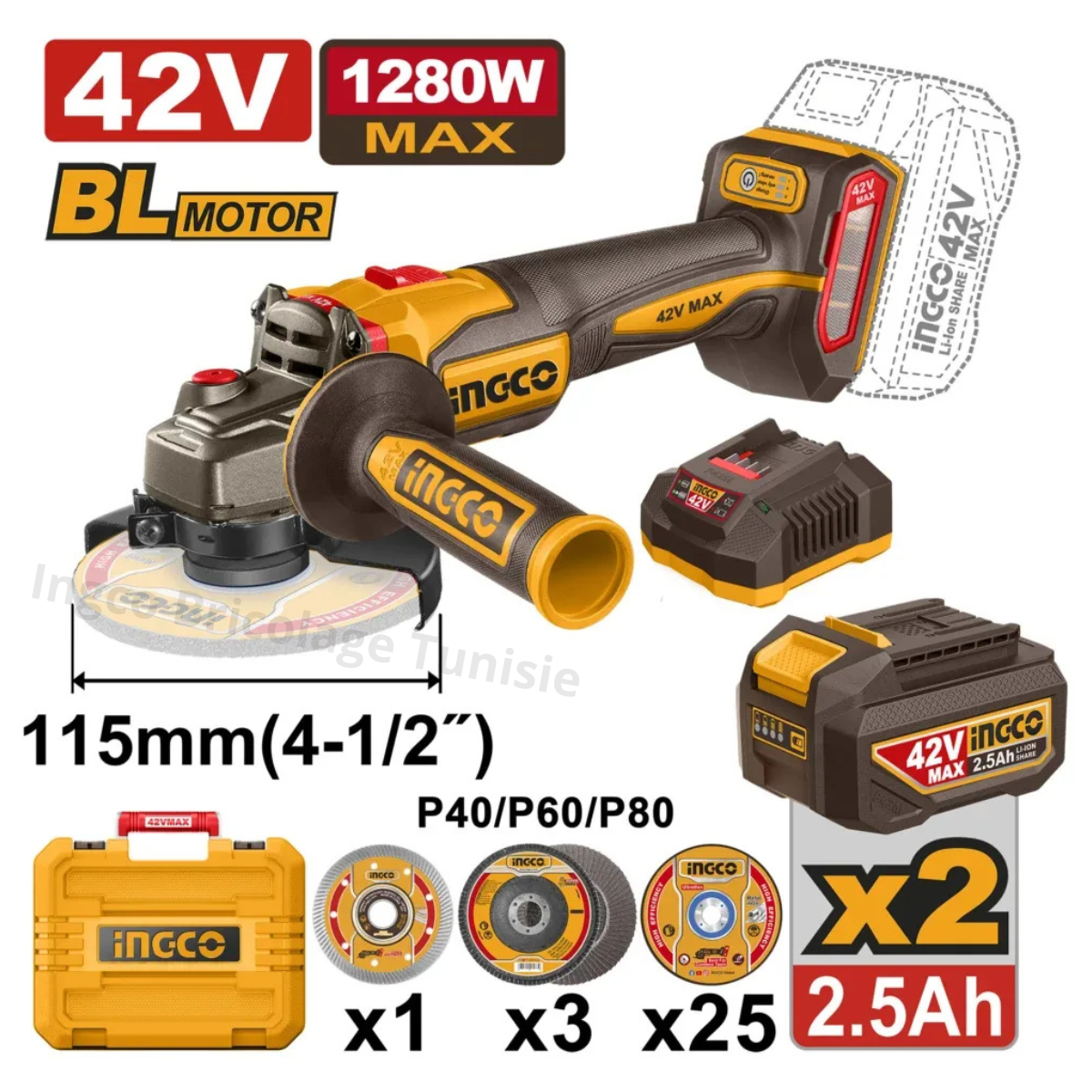Meuleuse D'angle Sans Fil 115 mm 42 V 1280 W avec 2 Batteries et Chargeur - INGCO CAGLI4128112