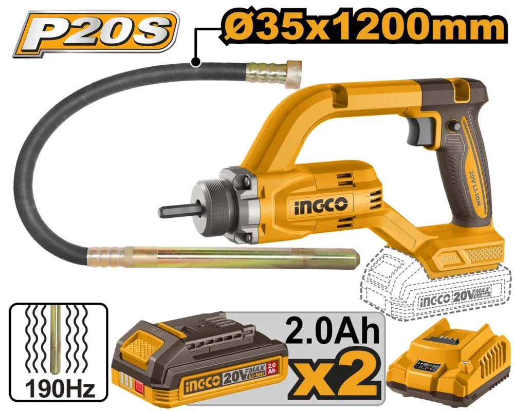 Vibrateur à Béton 20 V + 2batt/chargeur - INGCO CCVLI2025021