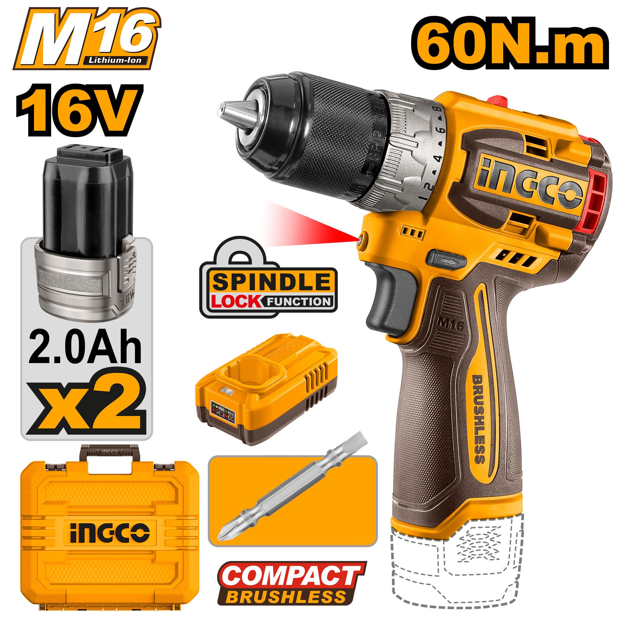 Perceuse Visseuse Brushless 16 V 60nm + 2batteries X2.0 AH - INGCO CIDLI16682