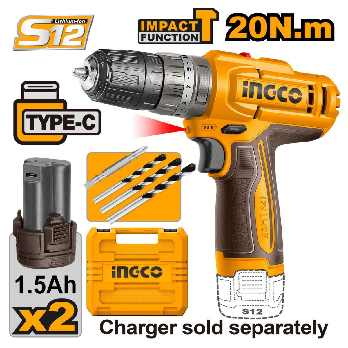 perceuse visseuse a percussion 12v 20nm +2 batteries 1.5ah ingco INGCO CIDLI12206