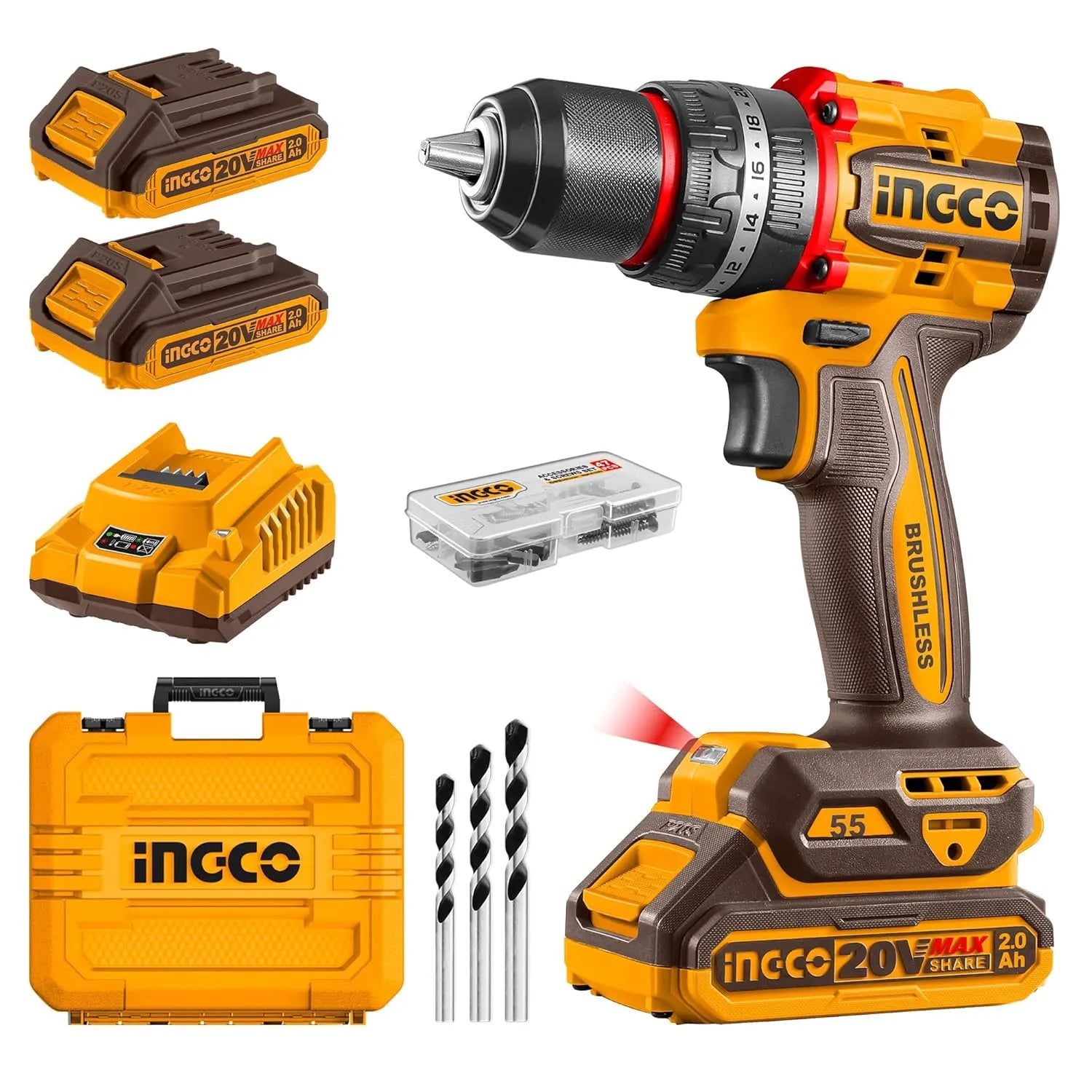 Ingco Perceuse Visseuse Brushless 20V 55Nm – 2 Batteries Li-Ion + 47 Accessoires