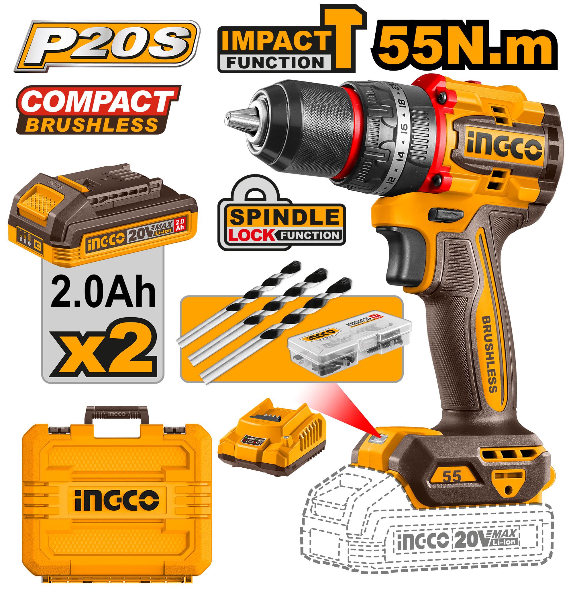 Perceuse Visseuse à Percussion Brushless 20 V + 47 Acc 55n/m - INGCO CIDLI20558