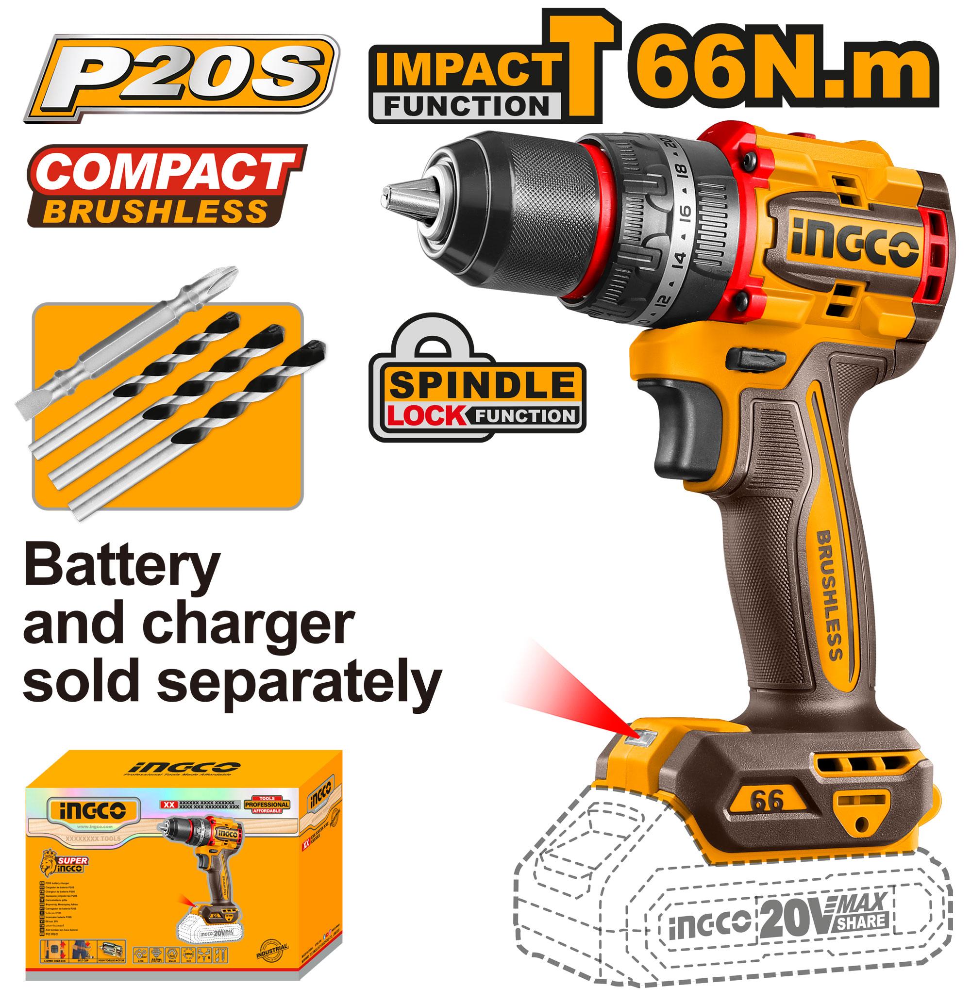 Perceuse à Percussion 20 V Compacte Brushless - 66n.m - Sans Batteries Ni Chargeur - INGCO CIDLI206681