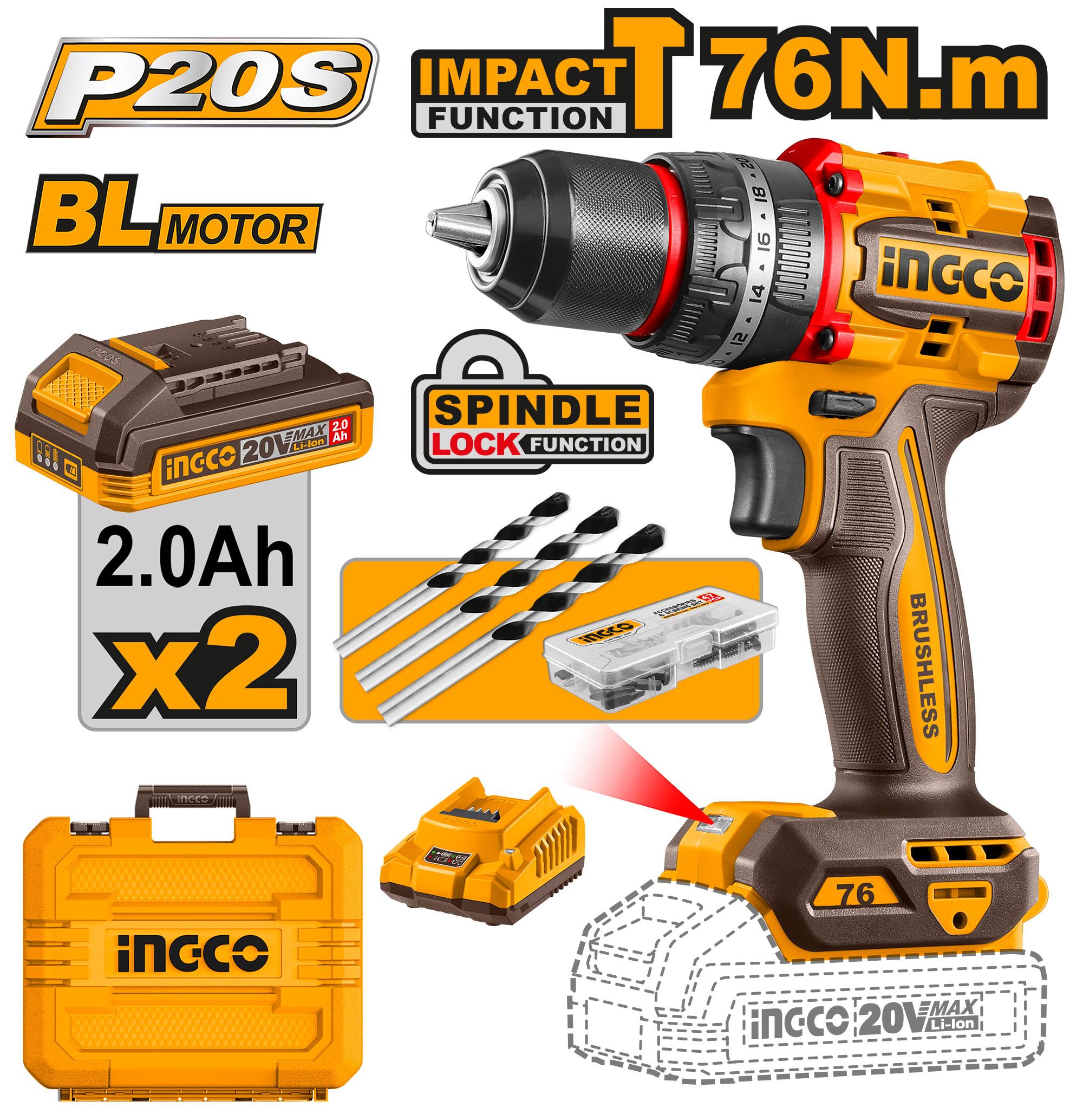 Perceuse visseuse a percussion brushless 20v 76nm 2ah ingco INGCO CIDLI20768