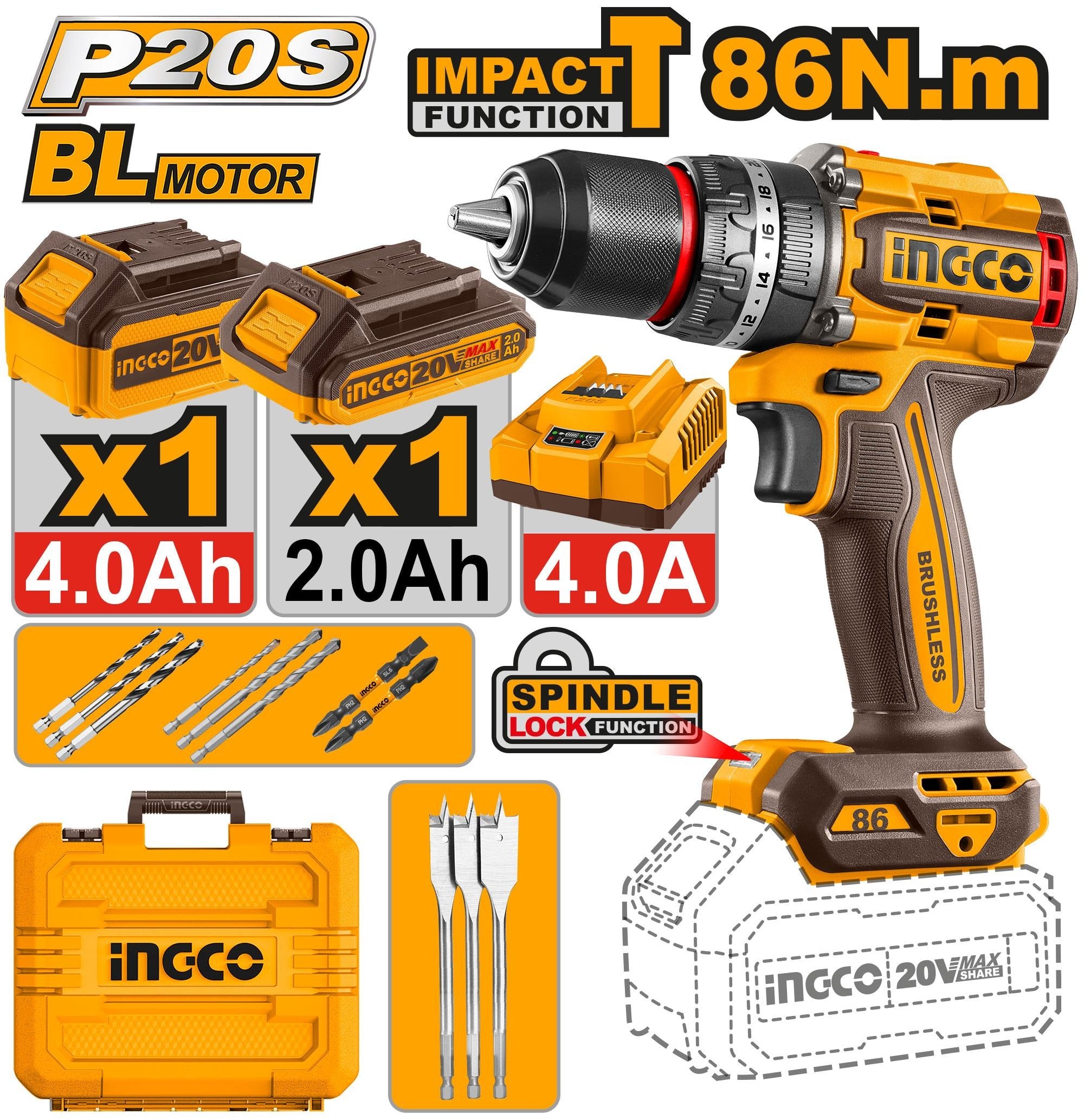 Perceuse à percussion 20V Brushless 86N.m INGCO CIDLI208687