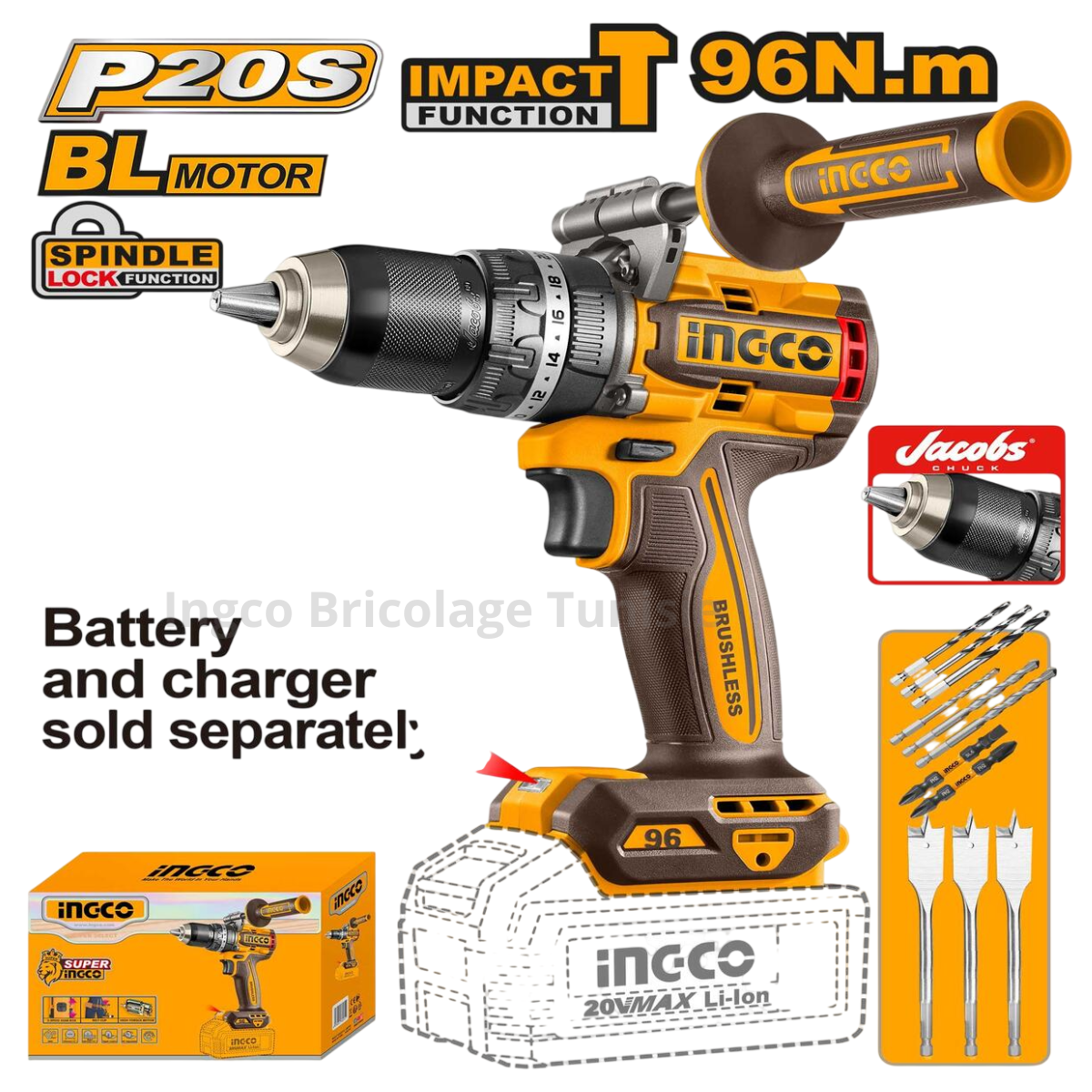 Perceuse à Percussion 96n.m Sans Fil Sans Balais avec 2batt 4,0 AH - INGCO CIDLI209686