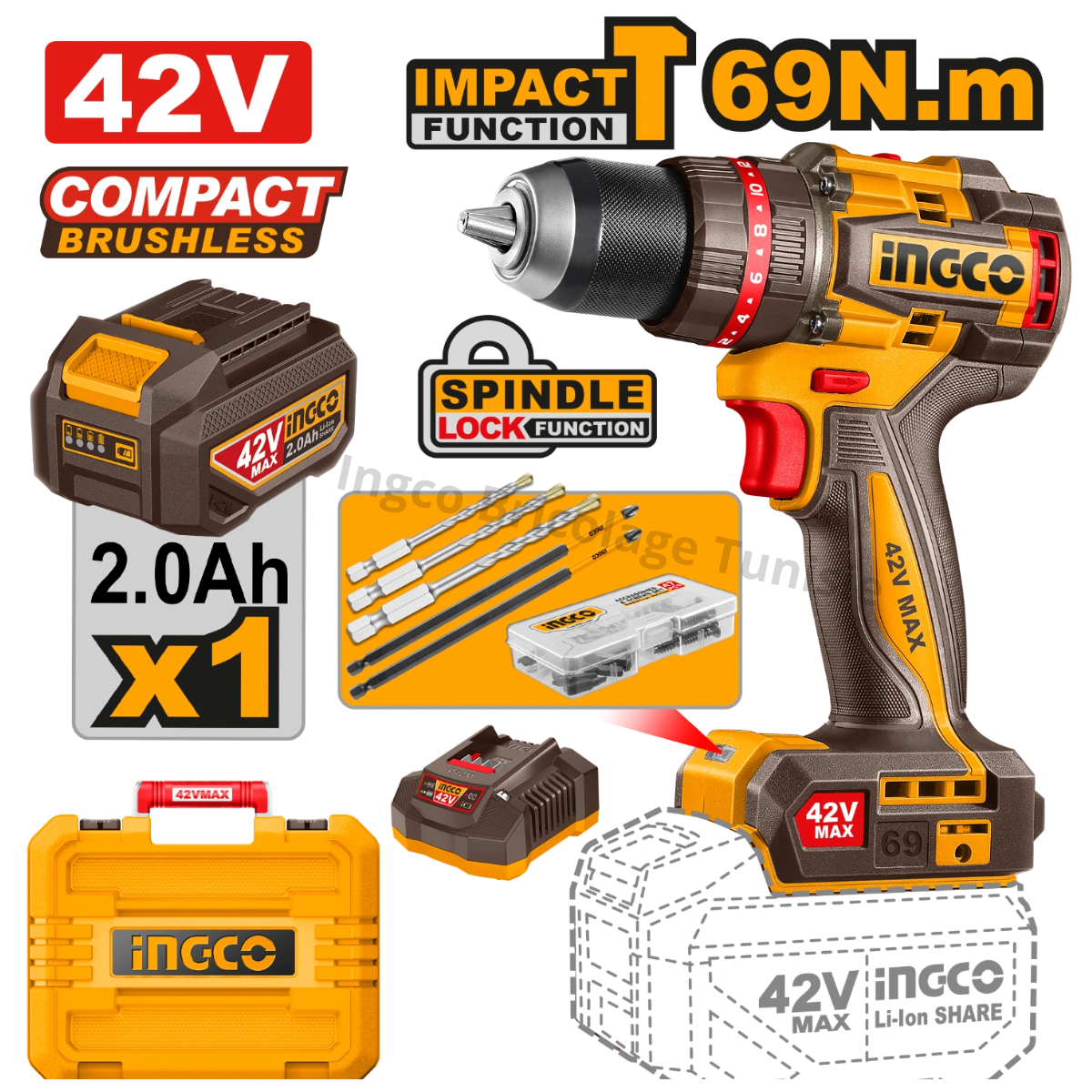 Perceuse à Percussion Sans Fil Compact Brushless 69n.m 42 V avec 1batt et 1 Chargeur - INGCO CIDLI426981