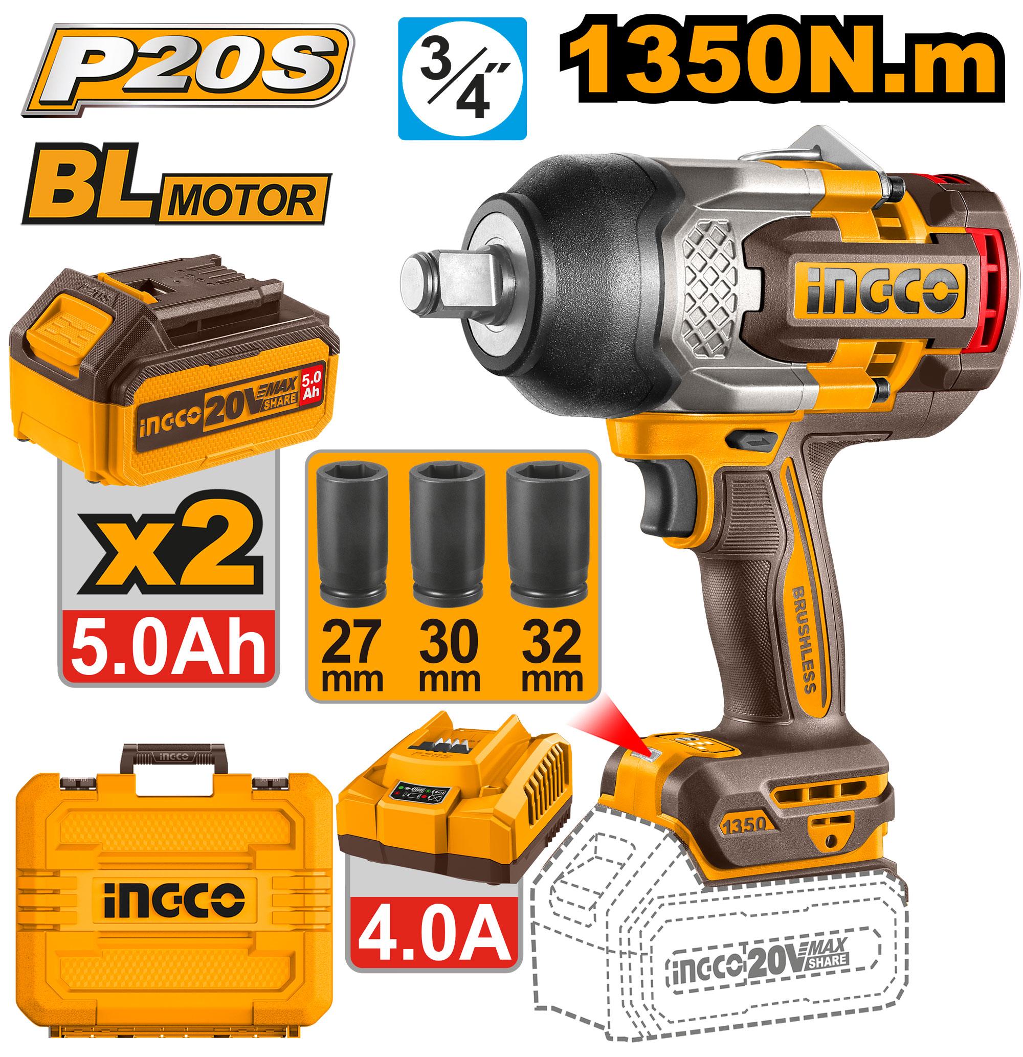 Boulonneuse Brushless 3/4 20 V 1350n.m 5 AH - INGCO CIWLI20135