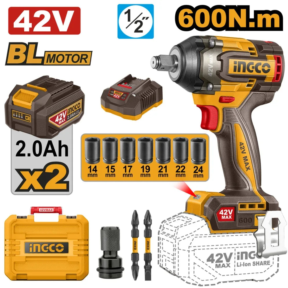 Boulonneuse 600N.m 42V avec 2Batt et 1 Chargeur INGCO CIWLI42602