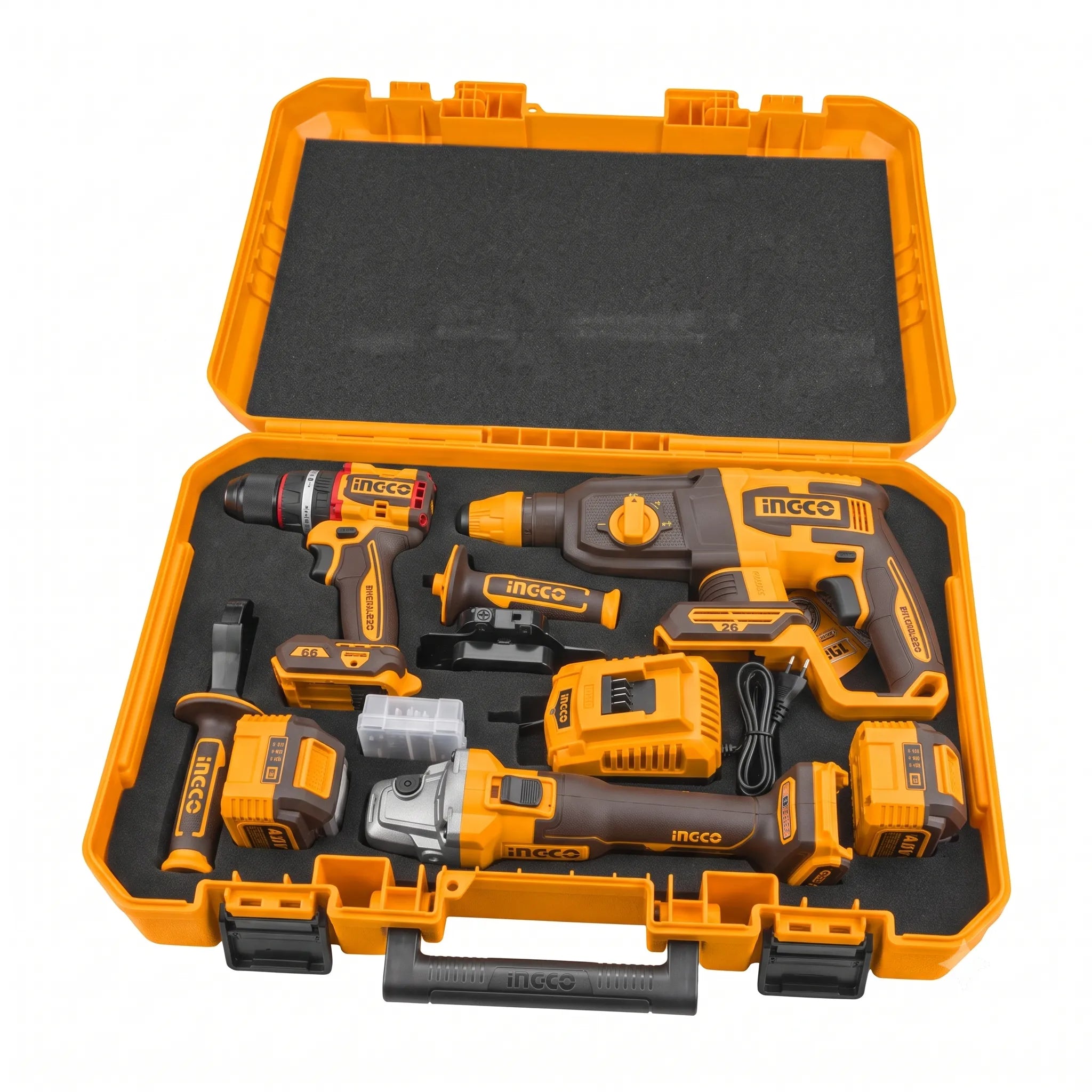 Ingco Kit 3 Machines Sans Fil 20V Brushless – Perceuse, Meuleuse & Perforateur