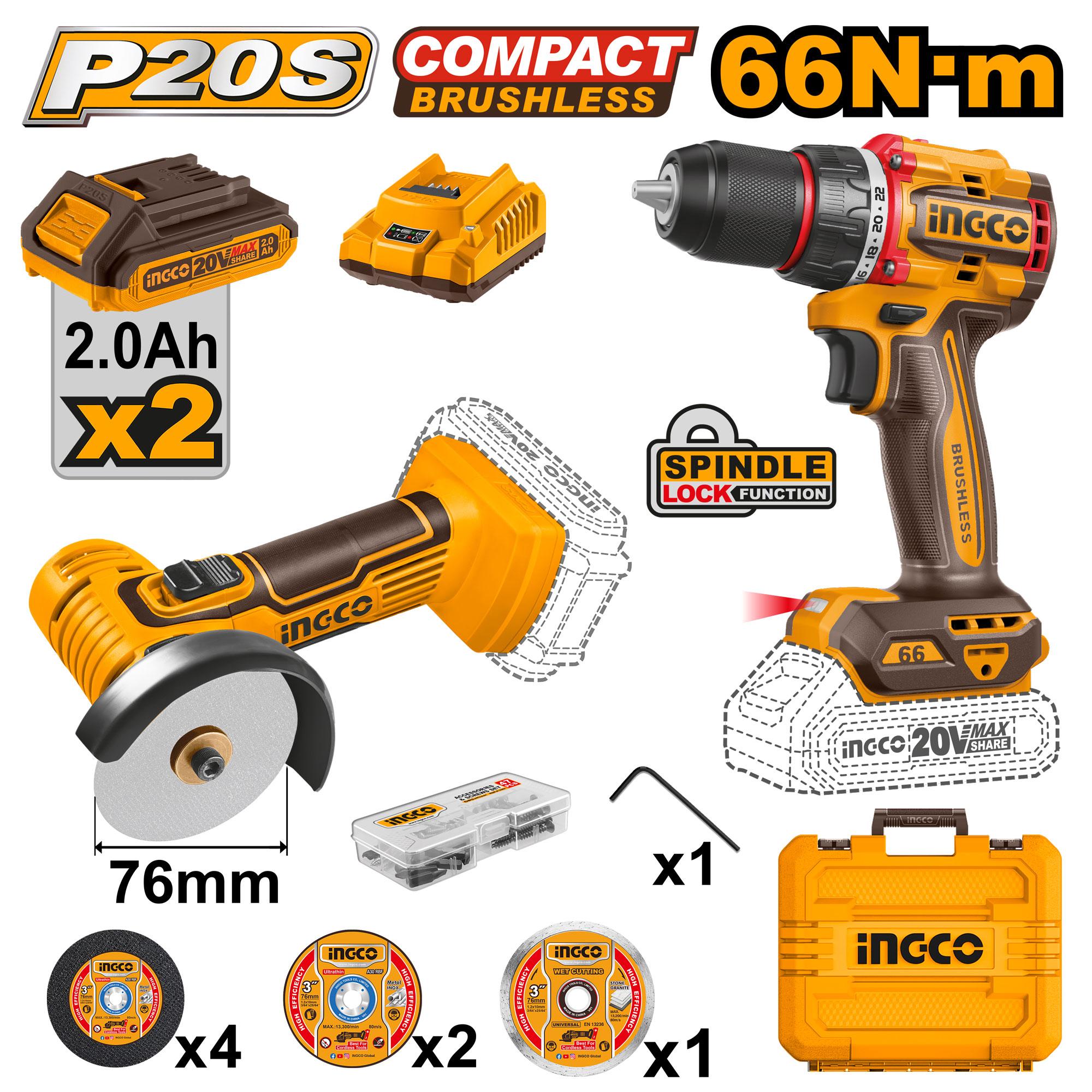 Pack 2 Machines Visseuse Brushless 20 V 66nm + Mini Meuleuse 76 mm - INGCO CKLI20766