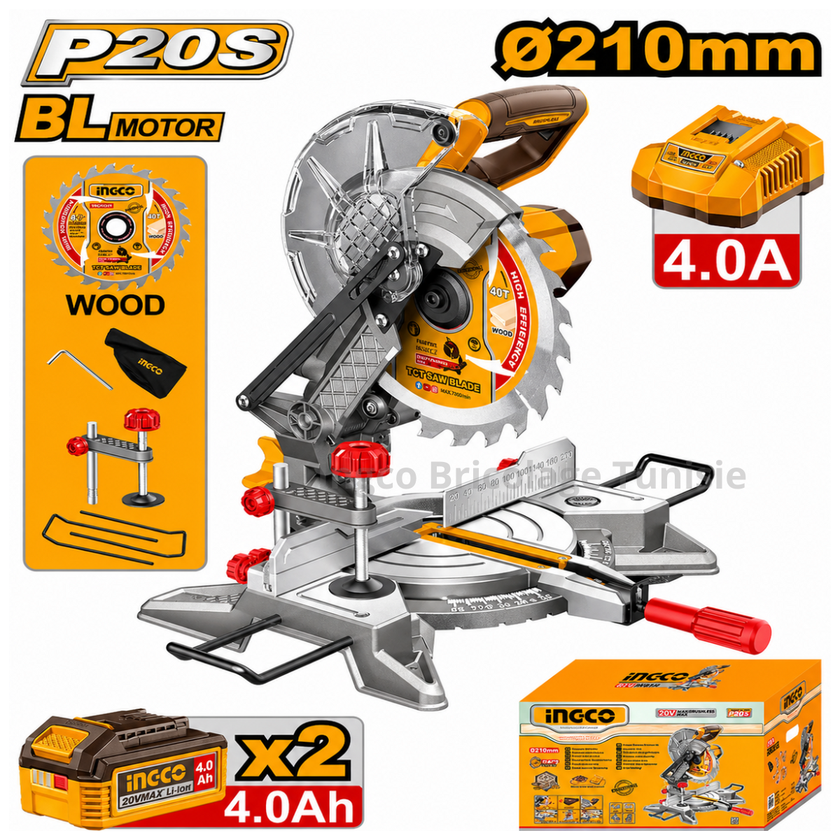 Scie à Onglet 20 V avec 2batt + Chageur 4,0 AH - INGCO CMSLI20212