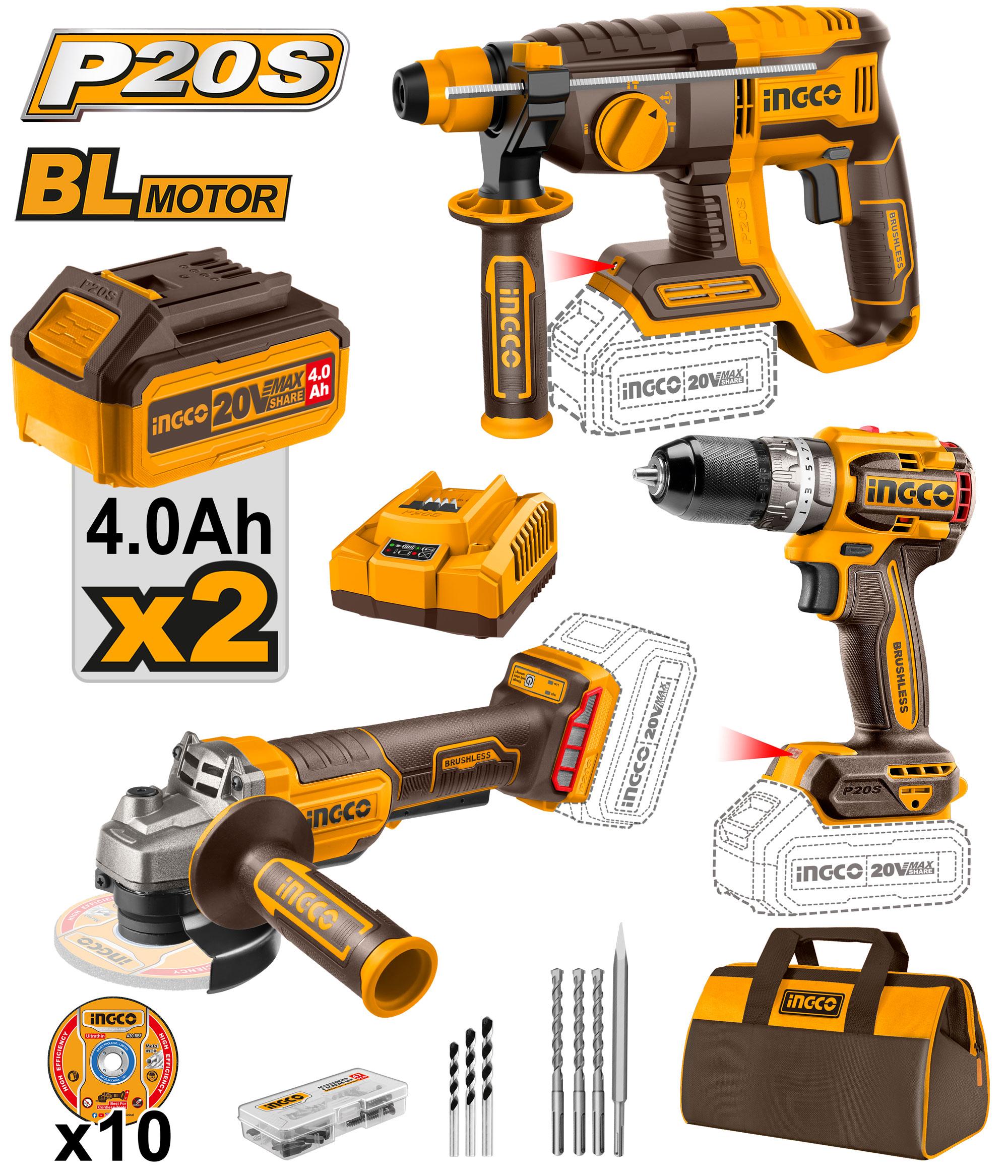 Pack 4 Machines Visseuse 96nm + Boulonneuse 285nm + Scie Circulaire 185 mm + Torche - INGCO COSLI241297