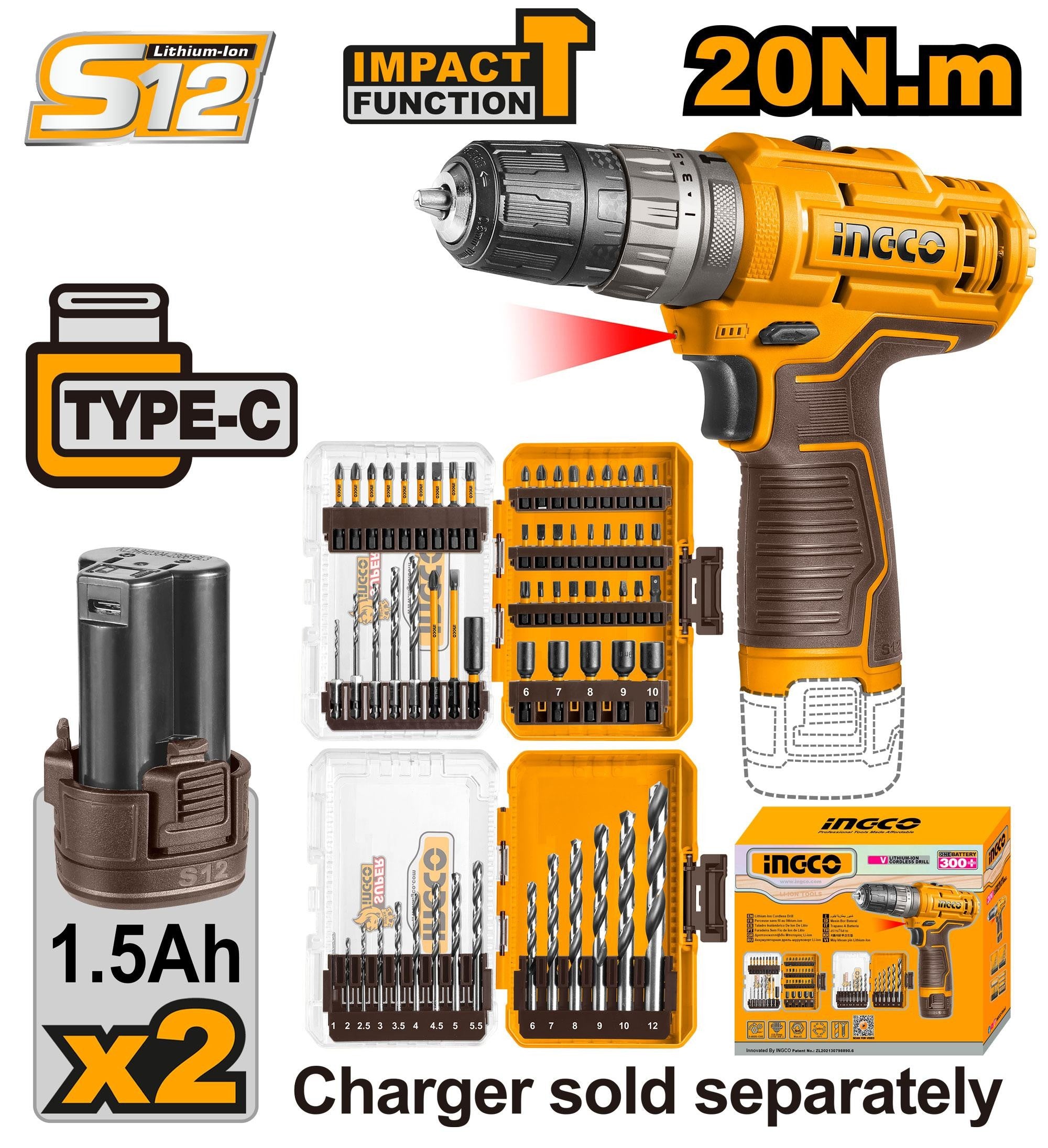 Perceuse Visseuse 12 V 1.5 AH + Accessoires - INGCO COSLI241197