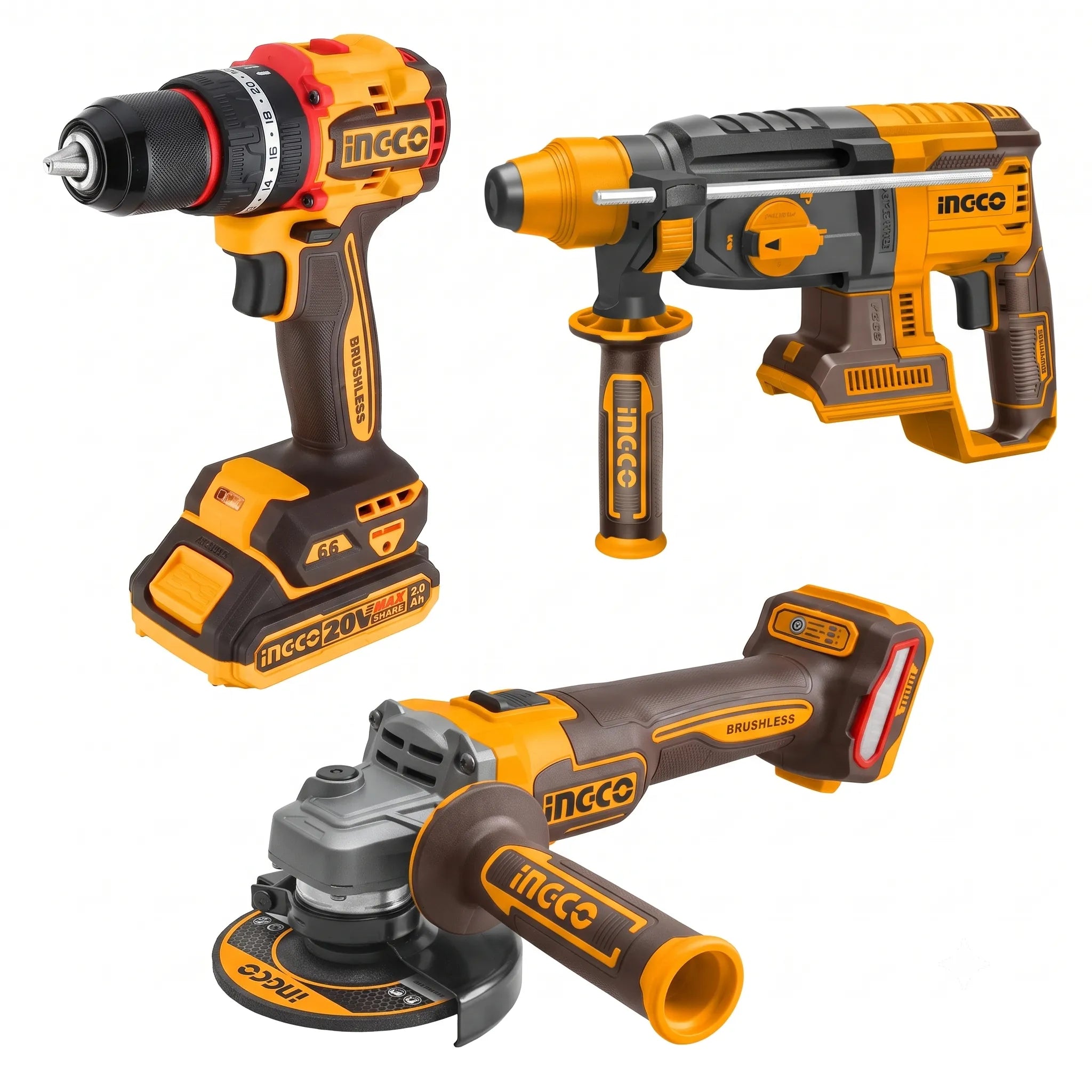 Ingco Kit 3 Machines Sans Fil 20V Brushless – Perceuse, Meuleuse & Perforateur