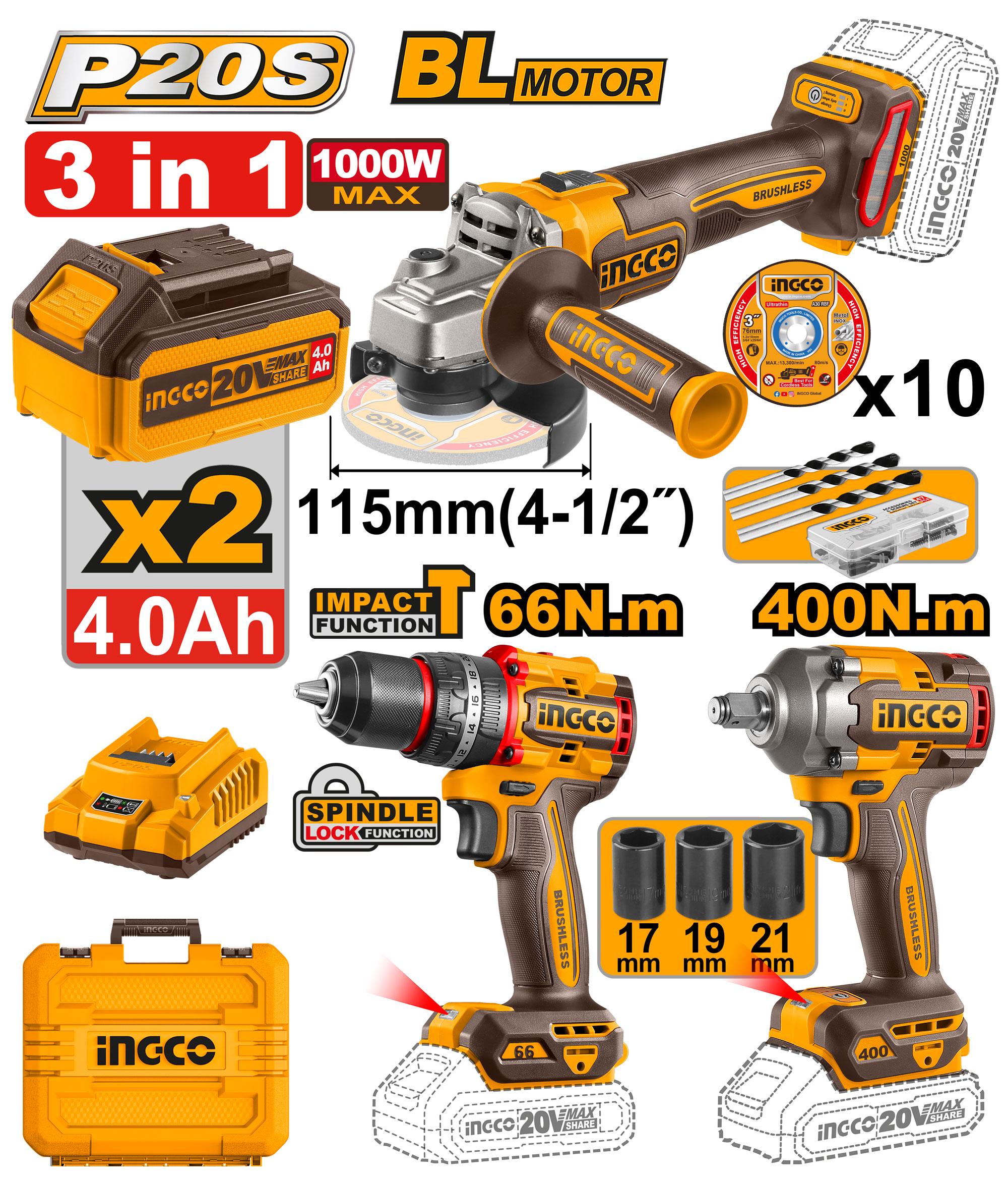 Pack de 3 Machines avec 2 Batt 2 AH /4 AH - INGCO COSLI241192