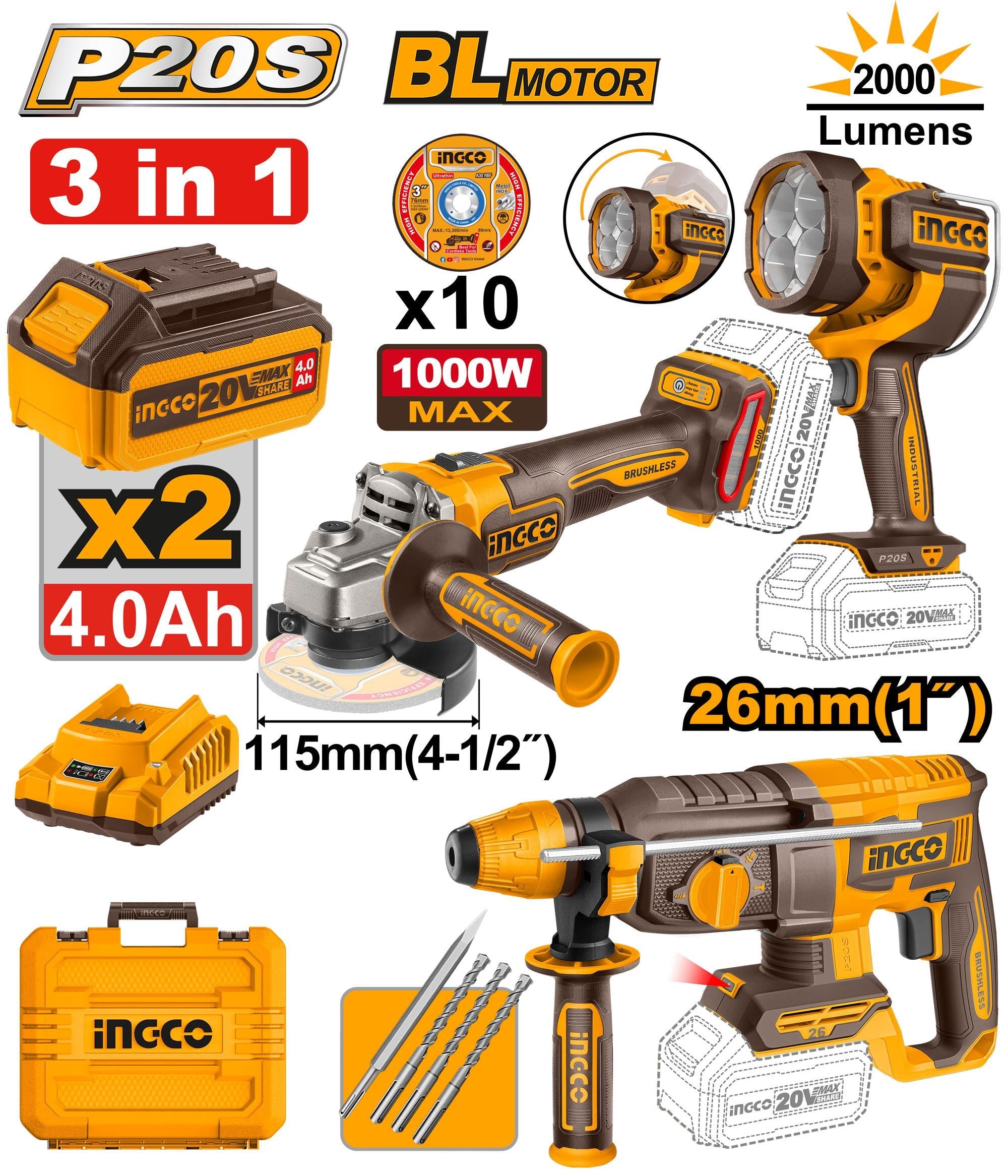 pack 3machine meuleuse 115mm+marteau 26mm+ torche a batteries ingco INGCO COSLI250183