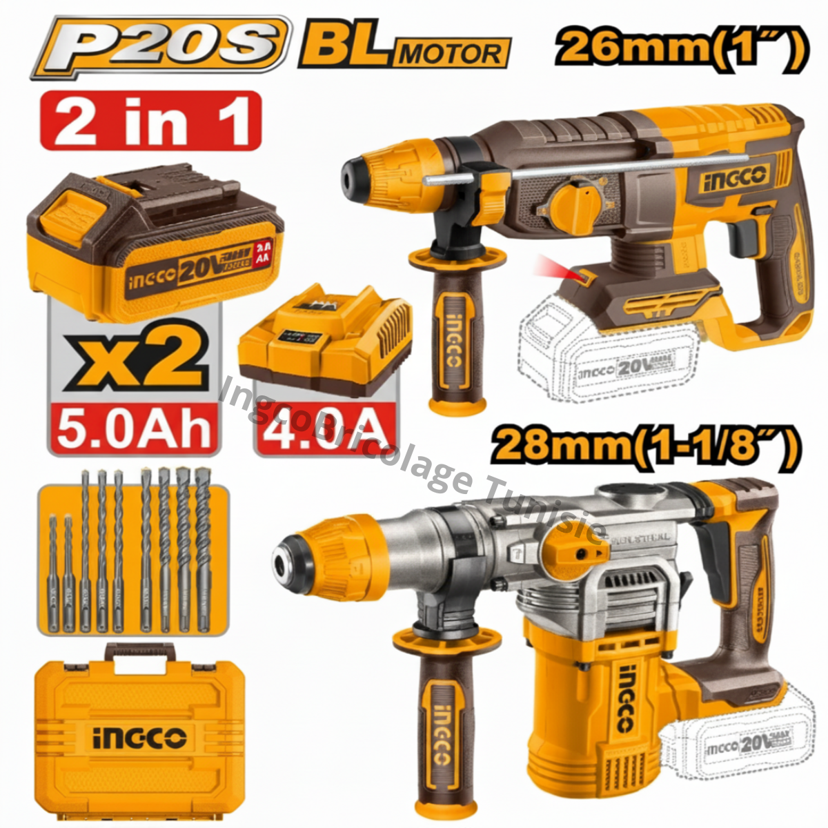 Pack de 2 Perforateurs 26 mm et 28 mm à Batteries Sans Fil - INGCO COSLI250462