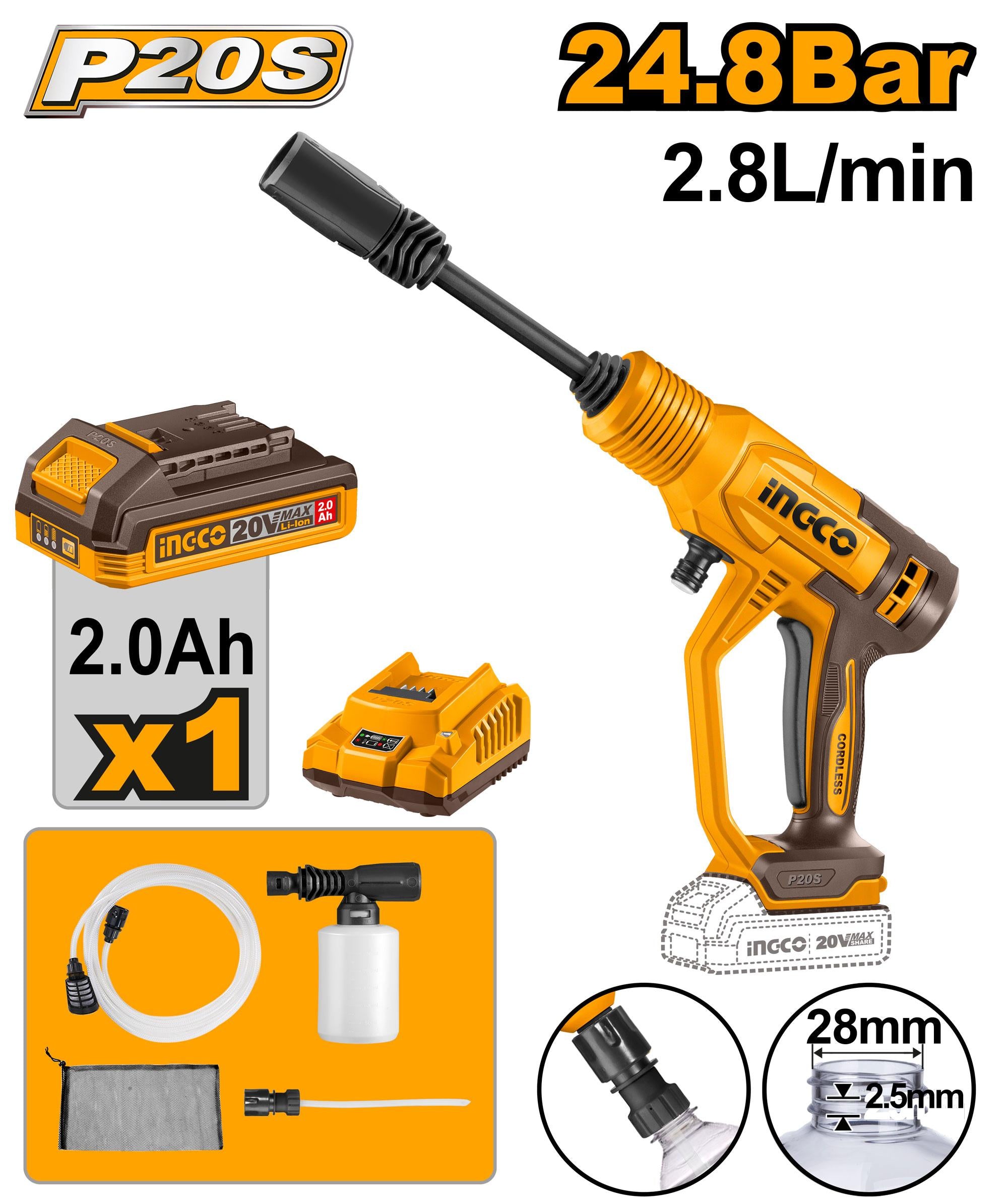 Nettoyeur 20 V + 1bat + Chargeur 2 AH - INGCO CPWLI20362