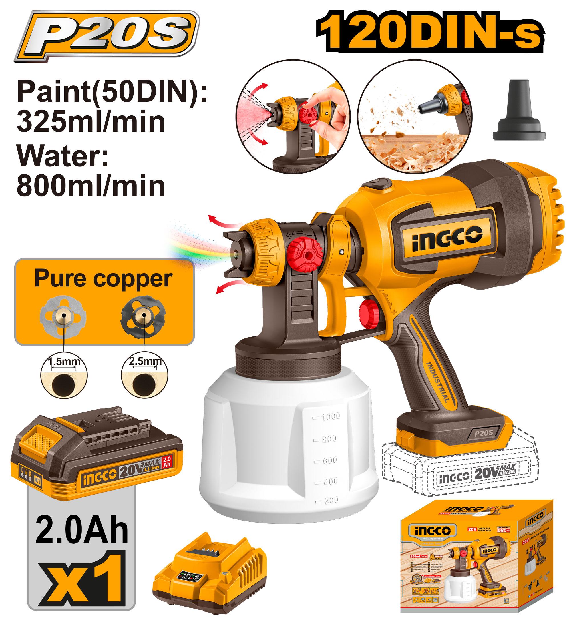 Pistolet à Peinture 20 V 800ml/min 1batterie 2.0 AH + Chargeur - INGCO CSGLI20042