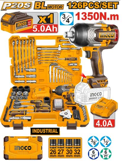 Clé À Chocs à Batterie 1350Nm + Jeu de126 Pièces INGCO HKTHP31261
