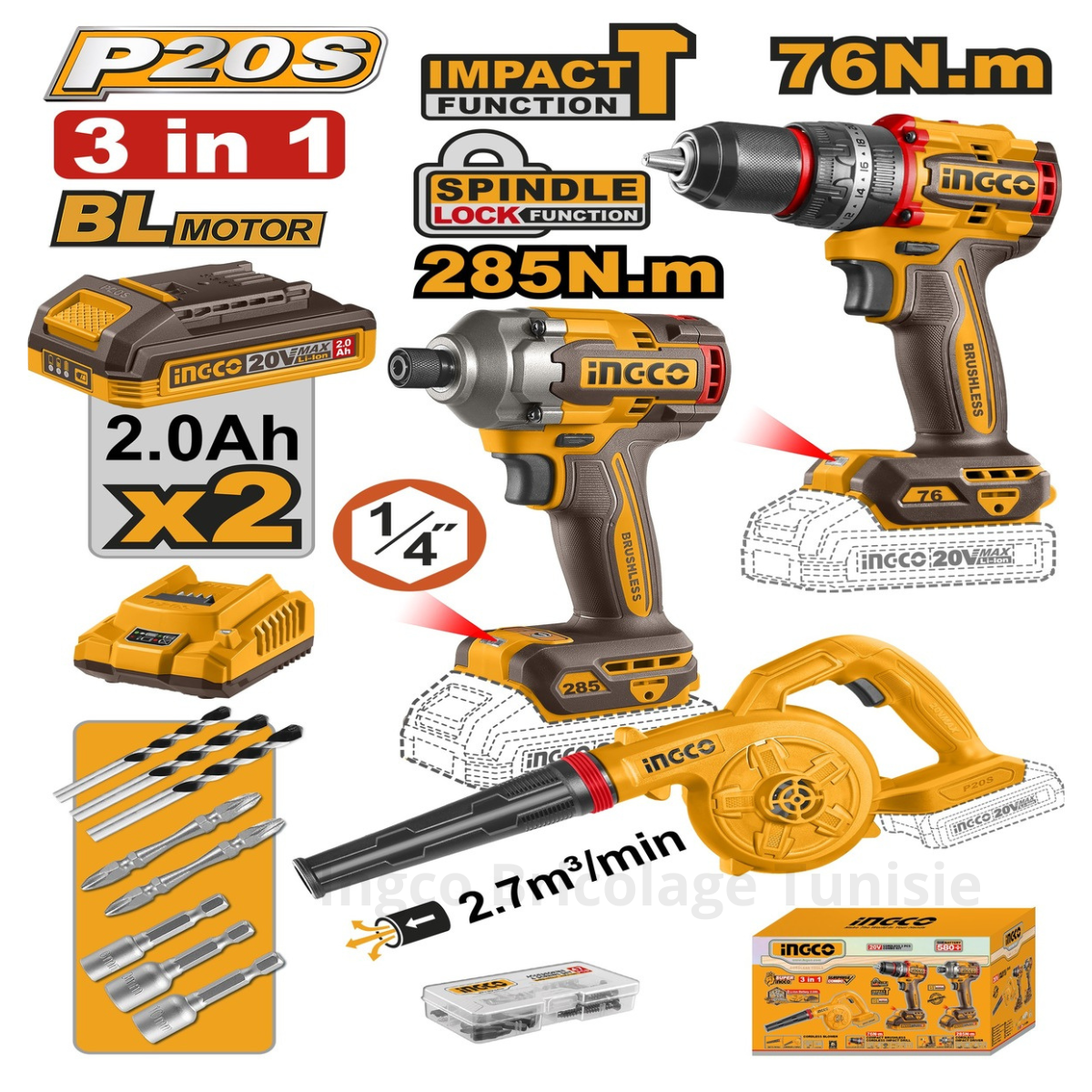 Pack 3 Machines Visseuse 76nm+cle a choc +soufleur INGCO COSLI250182