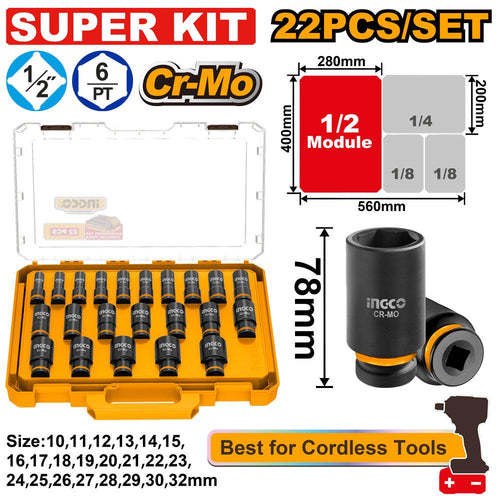 22 Pcs Coffret de douilles 1/2" DR. INGCO HKTS12226