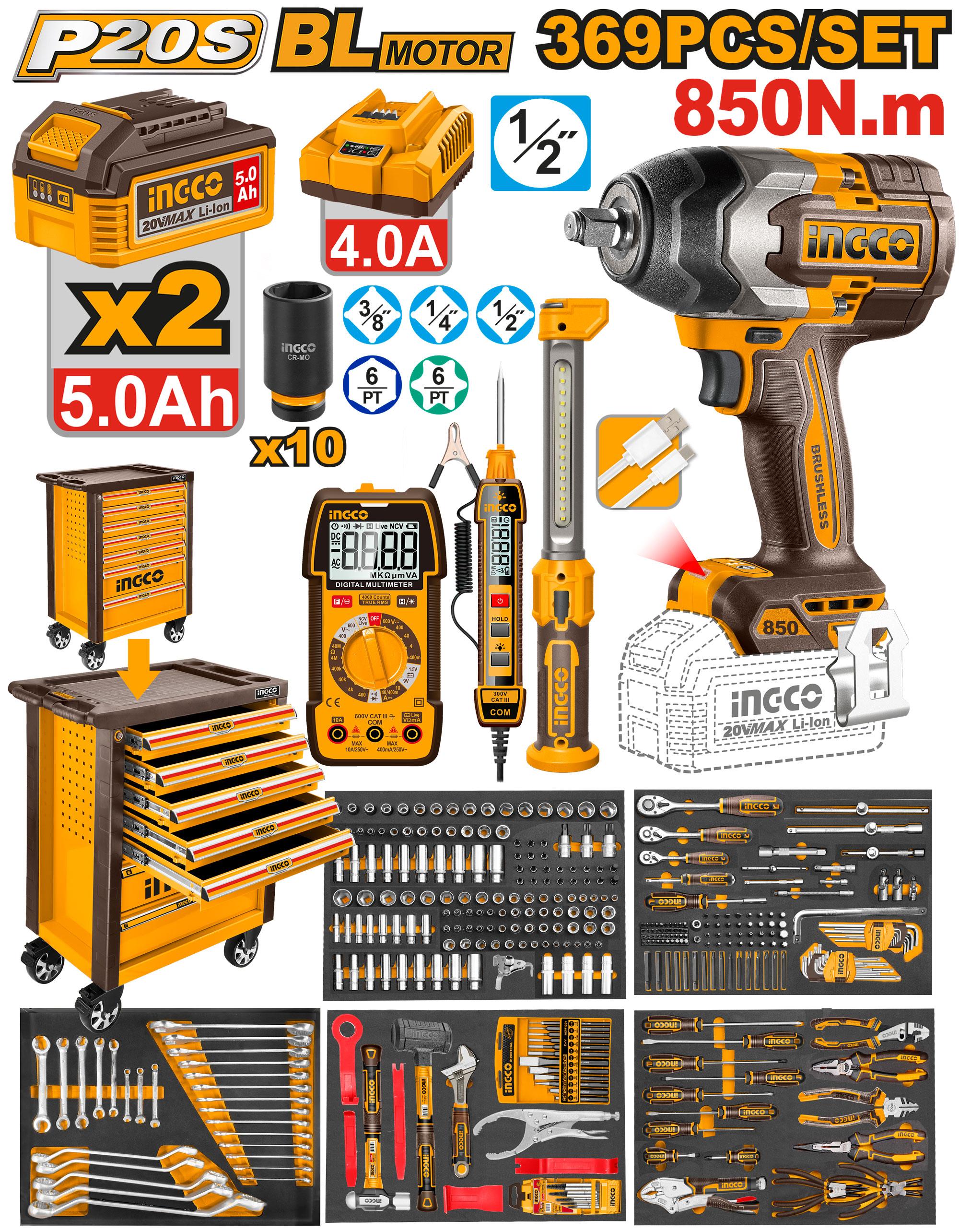Coffre à Outils 369 Pièces + Boulonneuse Bruschless 20 V 850nm - INGCO HTCS283692