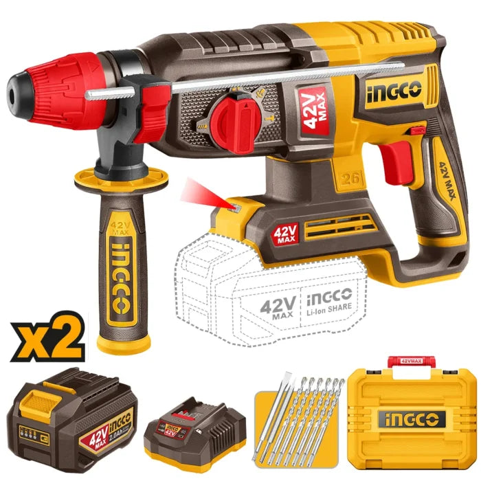 Marteau Perforateur Sans Fil 26 mm 42 V avec 2batt et 1 Chargeur - INGCO CRHLI422682
