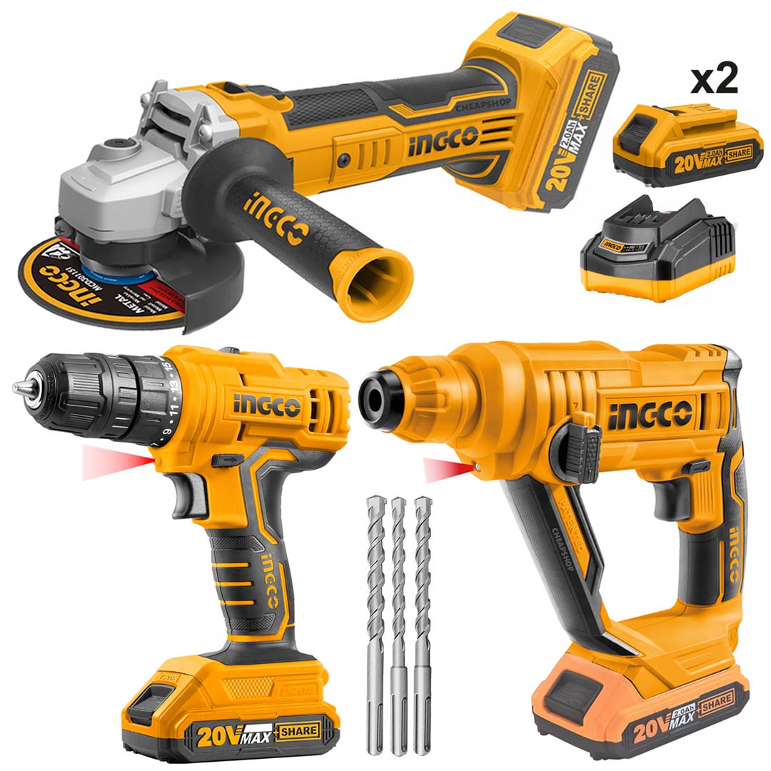 Pack de 3 Machines Marteau + Visseuse + Meuleuse 2bat 4 AH - INGCO CKLI202598