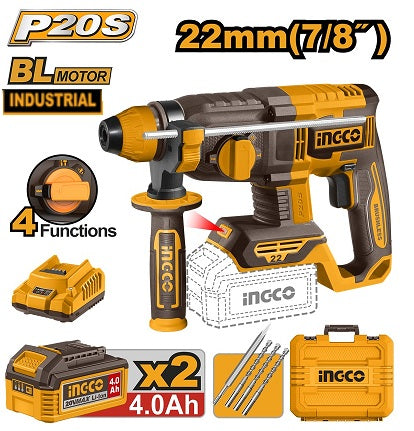 Marteau Perforateur 4 Fonction 22 mm + 2batterie 4 AH - INGCO CRHLI212282