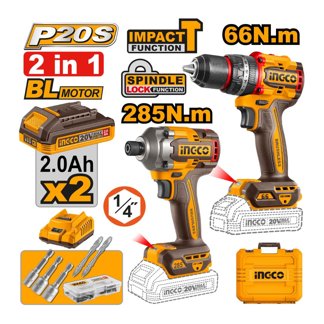 Pack 2 Machine Visseuse/perc Brushless 66nm + Clé à Choc 20 V - INGCO CKLI20277