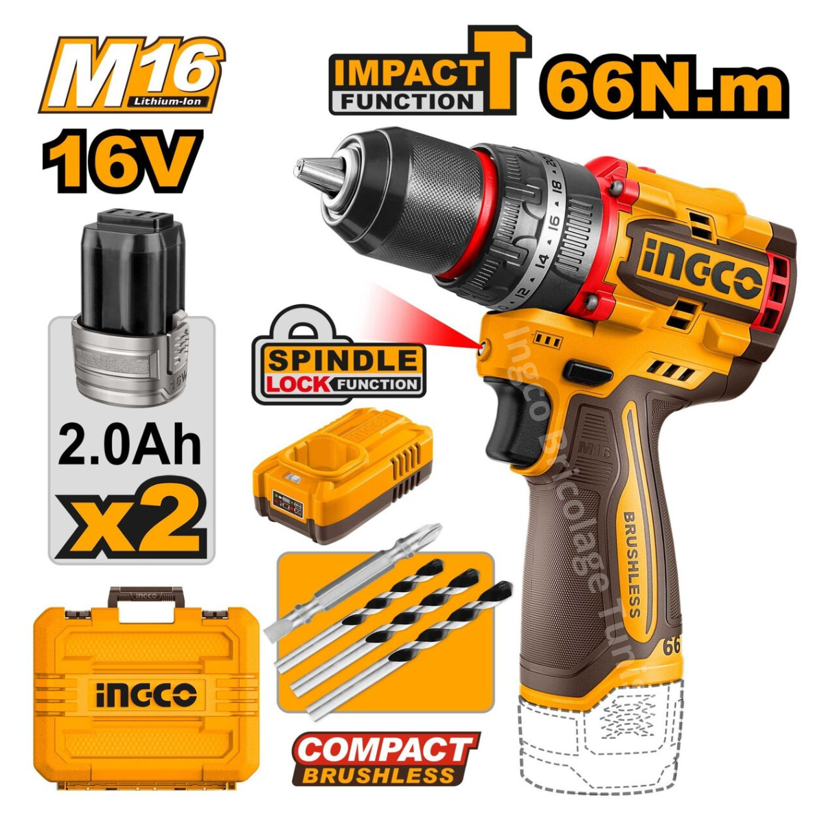 Perceuse à percussion 66N.m sans fil 16V compact sans balais INGCO CIDLI166062