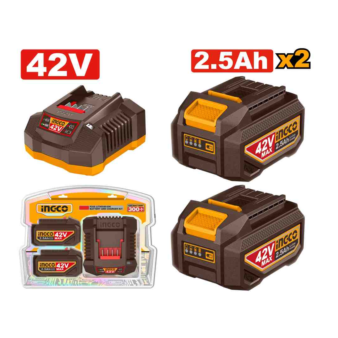 Kit 2 Batteries Lithium-ion et Chargeur 2,5 AH 42 V - INGCO FBCPM25221