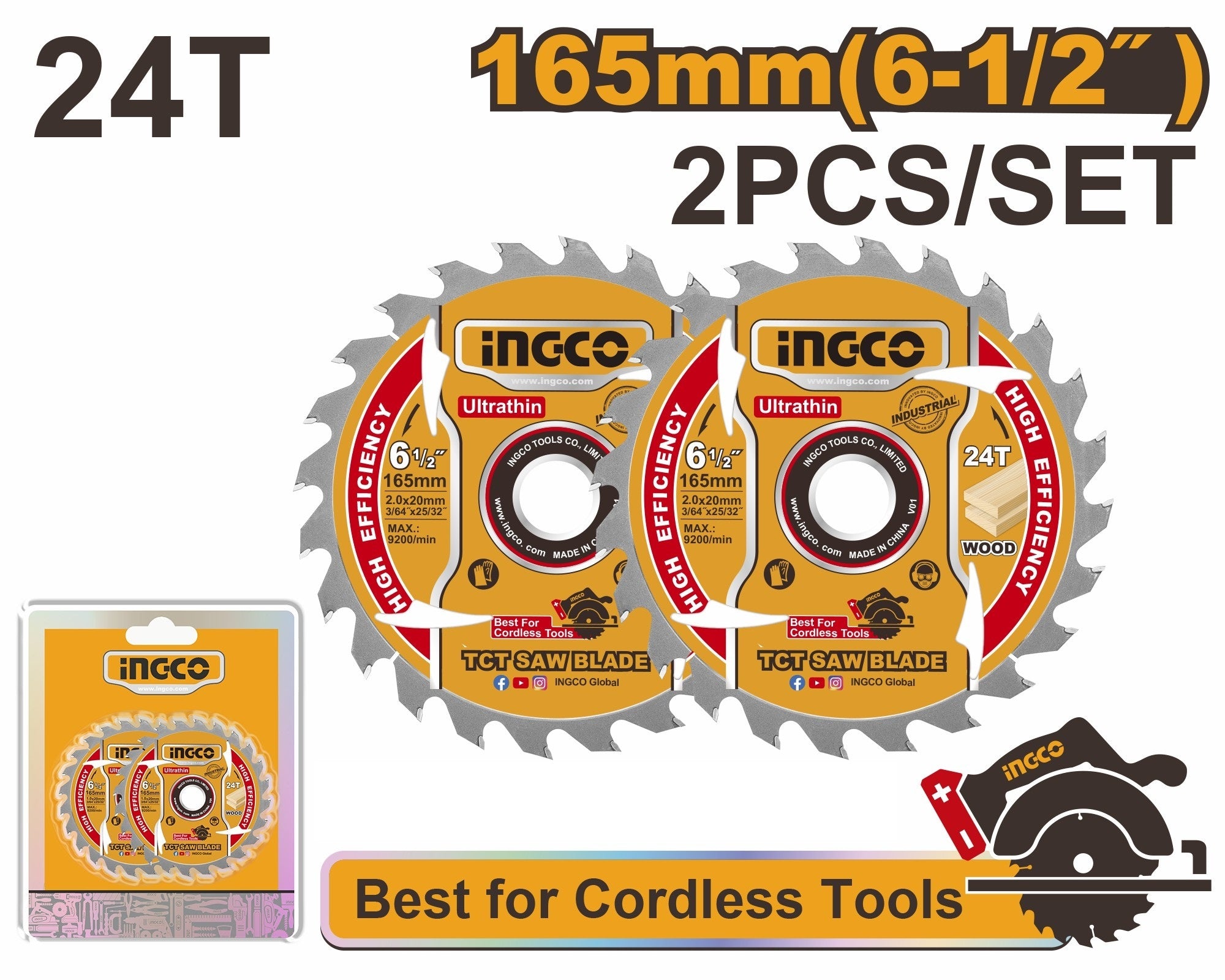 Jeu de 2 Lames de Scie TCT Ultra-Minces 165mm INGCO TSB1653