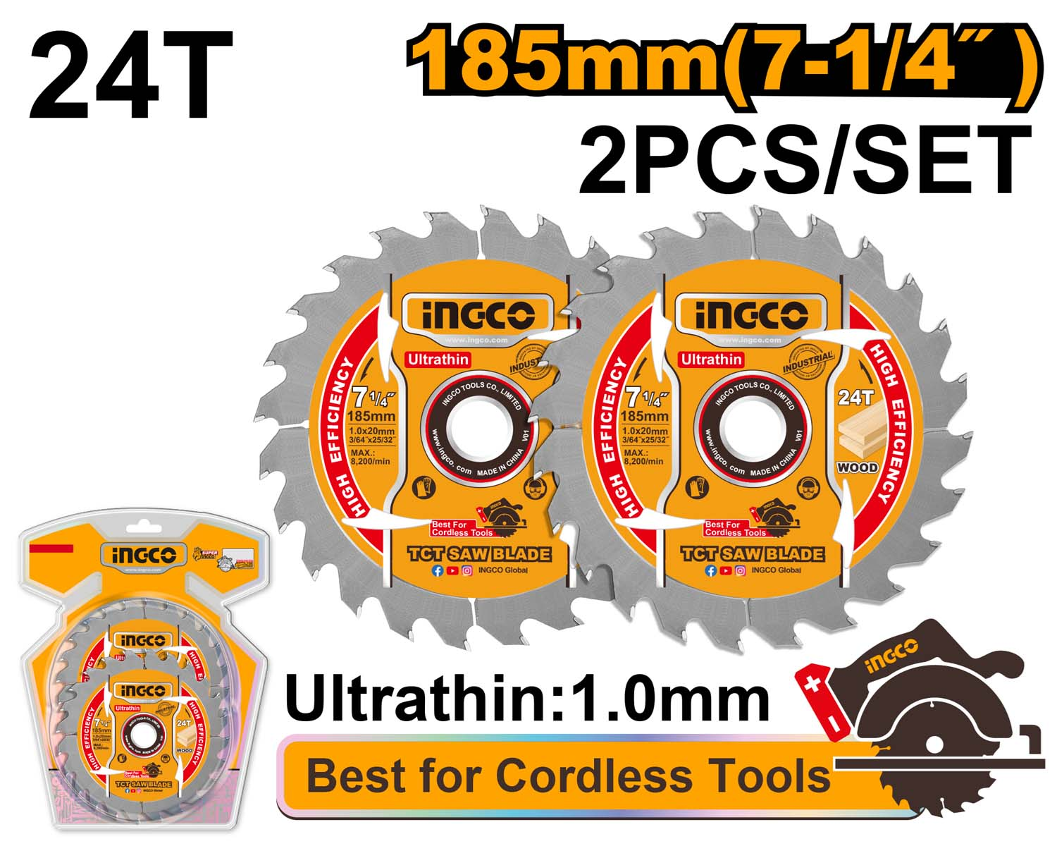 Jeu de 2 lames de scie TCT ultra-fines 185mm INGCO TSB1853