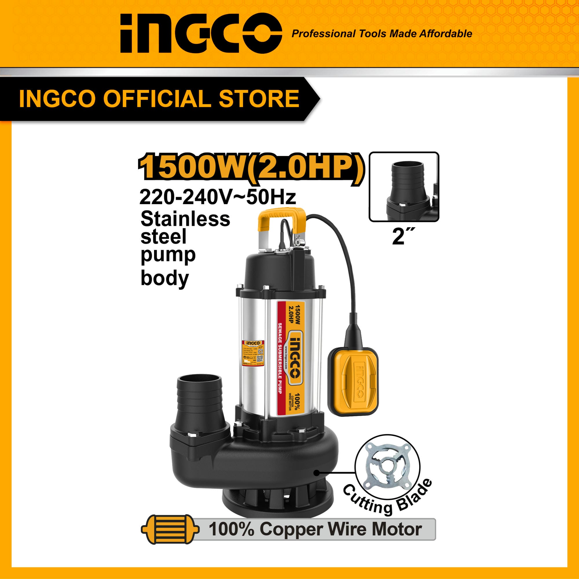 Pompe submersible pour eaux usées 1500W INGCO SPDB150068