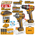 Kit Combiné Sans Fil 2 Pièces : Perceuse-visseuse 66nm et Boulonneuse 405nm 2 Batt 20 V - INGCO CKLI20286