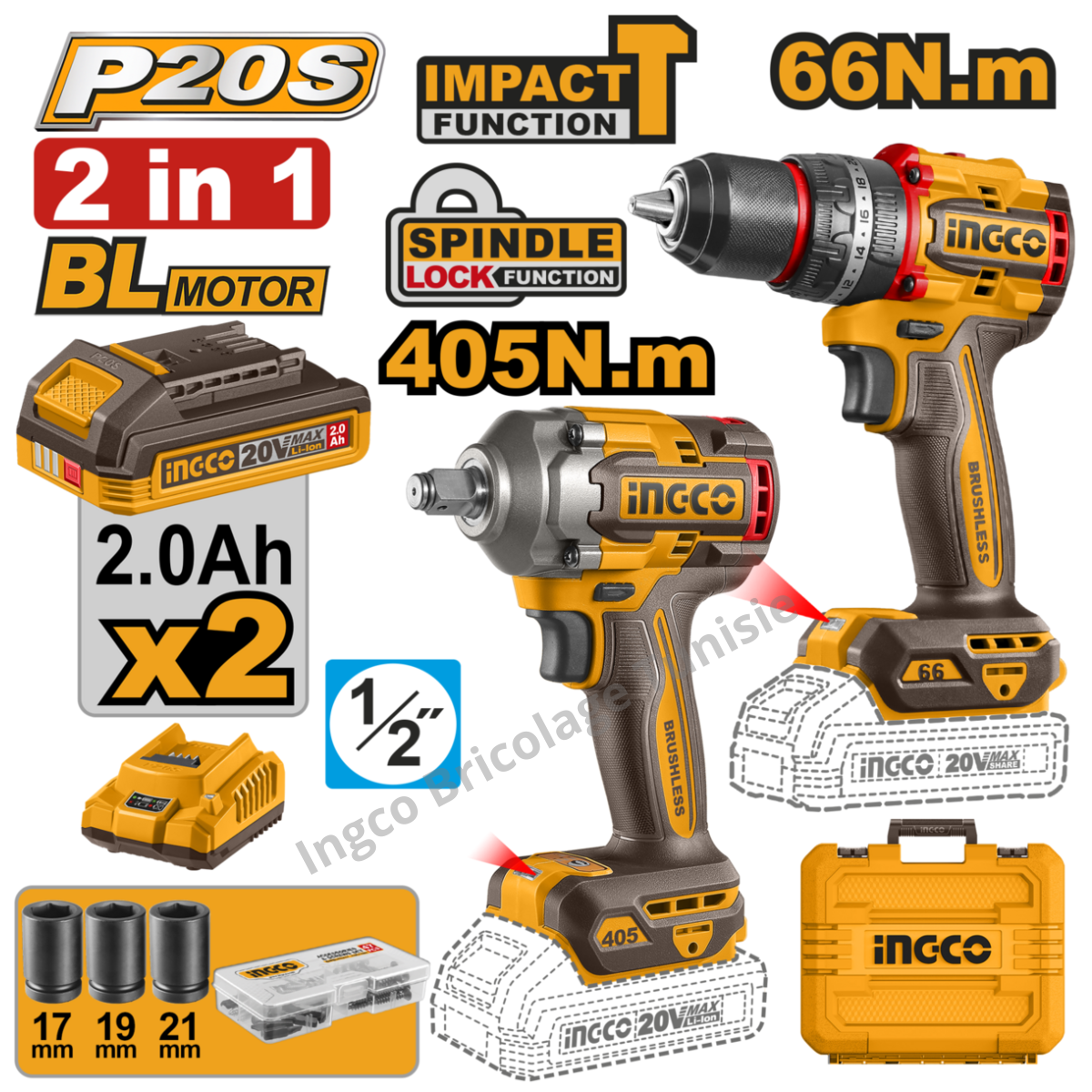 Kit Combiné Sans Fil 2 Pièces : Perceuse-visseuse 66nm et Boulonneuse 405nm 2 Batt 20 V - INGCO CKLI20286