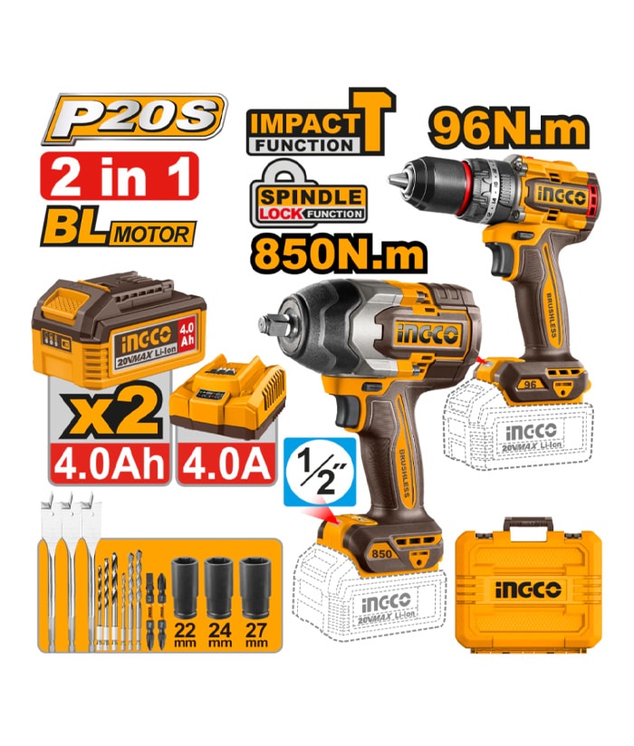 Pack de 4 Machines Perc Visseuse 96nm + Boulonneuse 1/2 + Meuleuse 115 mm + Tampe Torche - INGCO COSLI241292