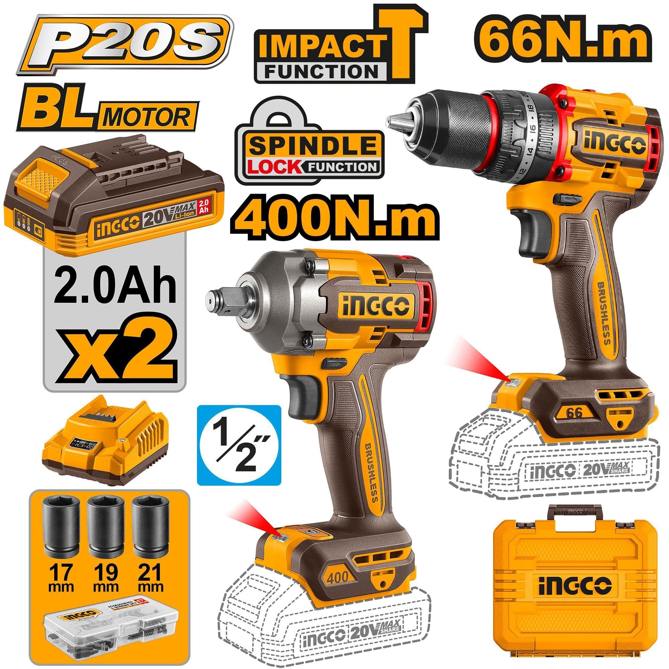 Pack de 3machines Visseuse 66nm + Visseuse pour Cloisons + Marteau 26 mm + 2batteries 4 AH - INGCO COSLI250591