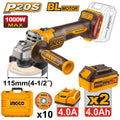 Meuleuse à Batterie 20 V Brushless 115 mm 1000 W 2 Batteries 4 AH - INGCO CAGLI271532