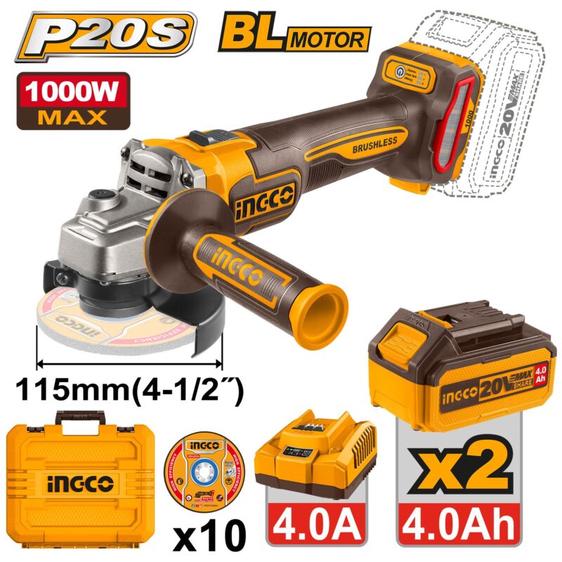 Meuleuse à Batterie 20 V Brushless 115 mm 1000 W 2 Batteries 4 AH - INGCO CAGLI271532