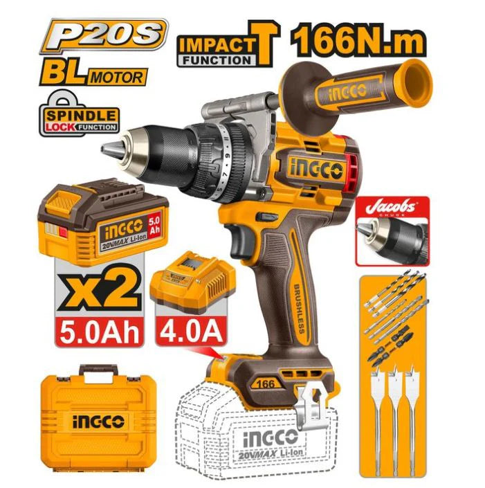 Perceuse à Percussion 20 V Sans Balais - 166n.m - 2batt 5,0 AH + 1 Chargeur - INGCO CIDLI201668